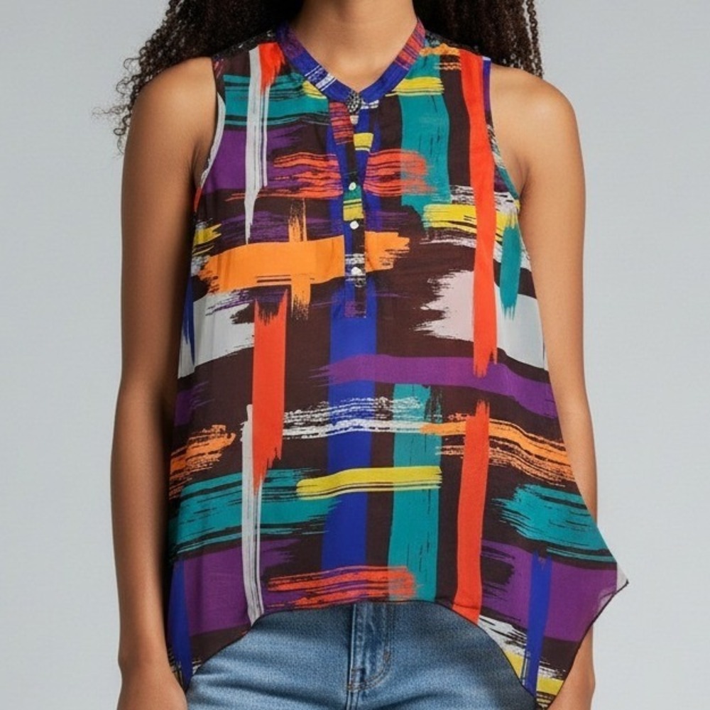 Multiples Womens Abstract Brushstroke Sharkbite Hem Sleeveless Tunic Top‎ Medium